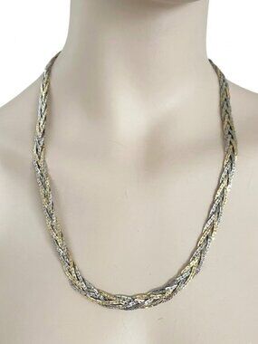 Vintage Korea 5 Strand Braided Statement Necklace Tri-Tone Gold & Silver Tone